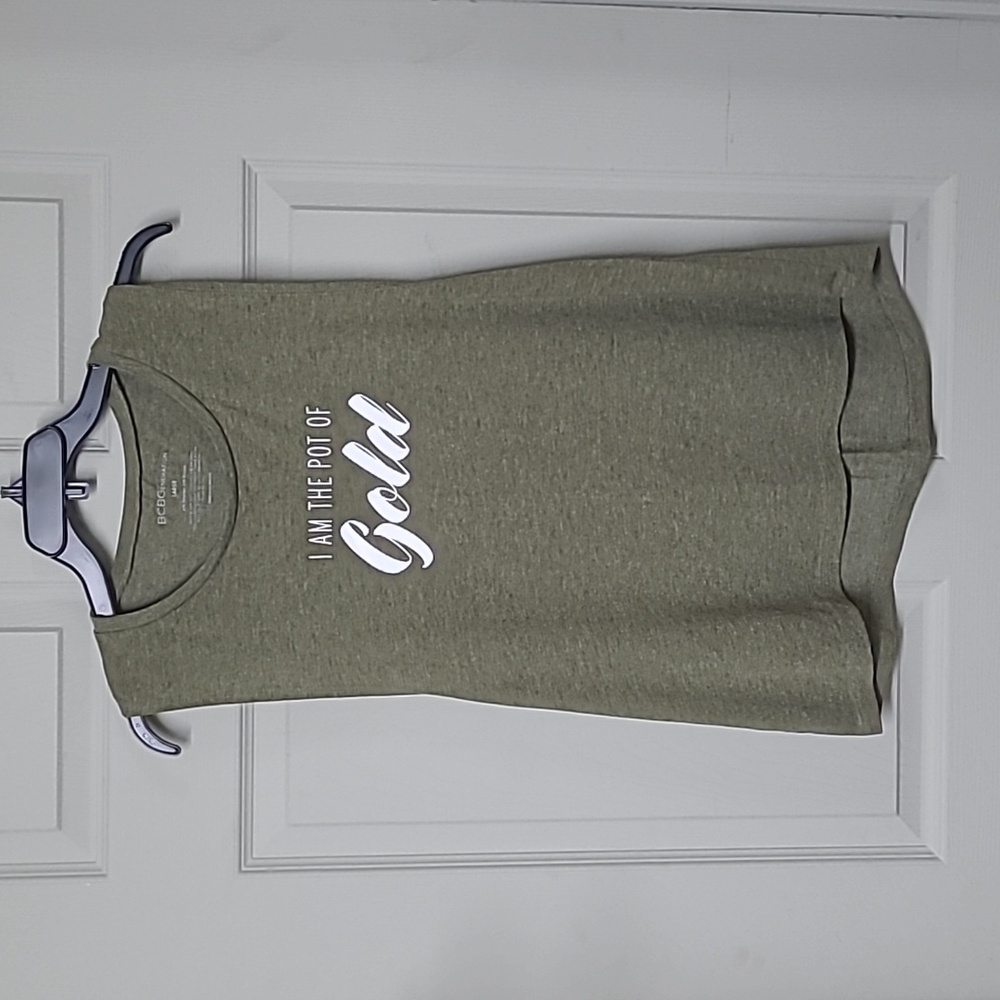 BCBGeneration Women's Tank Top Olive Green/White 'I Am The Pot of Gold' L